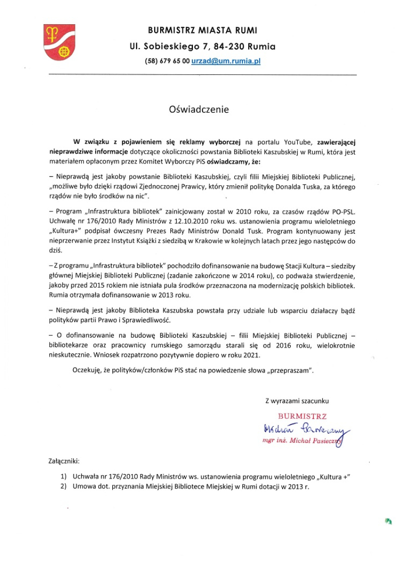Oświadczenie w sprawie nieprawdziwej informacji publikowanej przez Komitet Wyborczy PiS