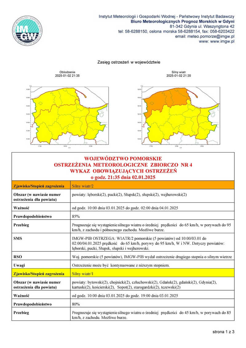 Ostrzeżenie meteorologiczne dla Rumi: silny wiatr i oblodzenie 3 stycznia 2025 r.
