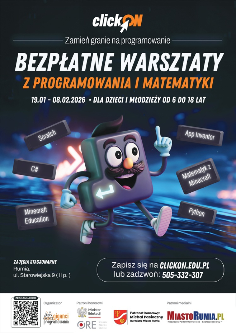 Bezpłatne warsztaty ClickOn w Rumi podczas ferii 2026. Programowanie i matematyka z Minecraftem!