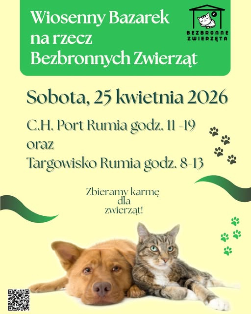 Wiosenny Bazarek na rzecz Bezbronnych Zwierząt w Rumi. W sobotę, 25.04.2026 - w dwóch miejscach jednocześnie
