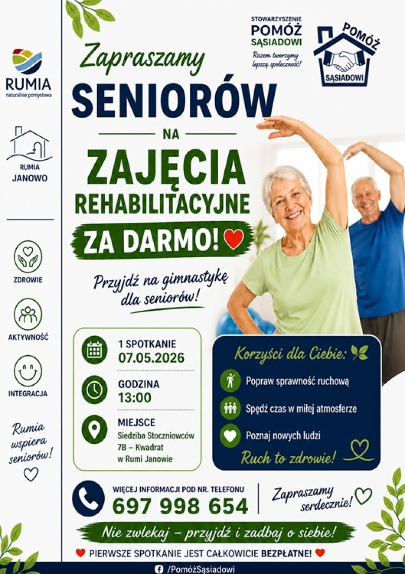 Bezpłatne zajęcia rehabilitacyjne dla seniorów w Rumi Janowo. Pierwsze spotkanie już 7 maja