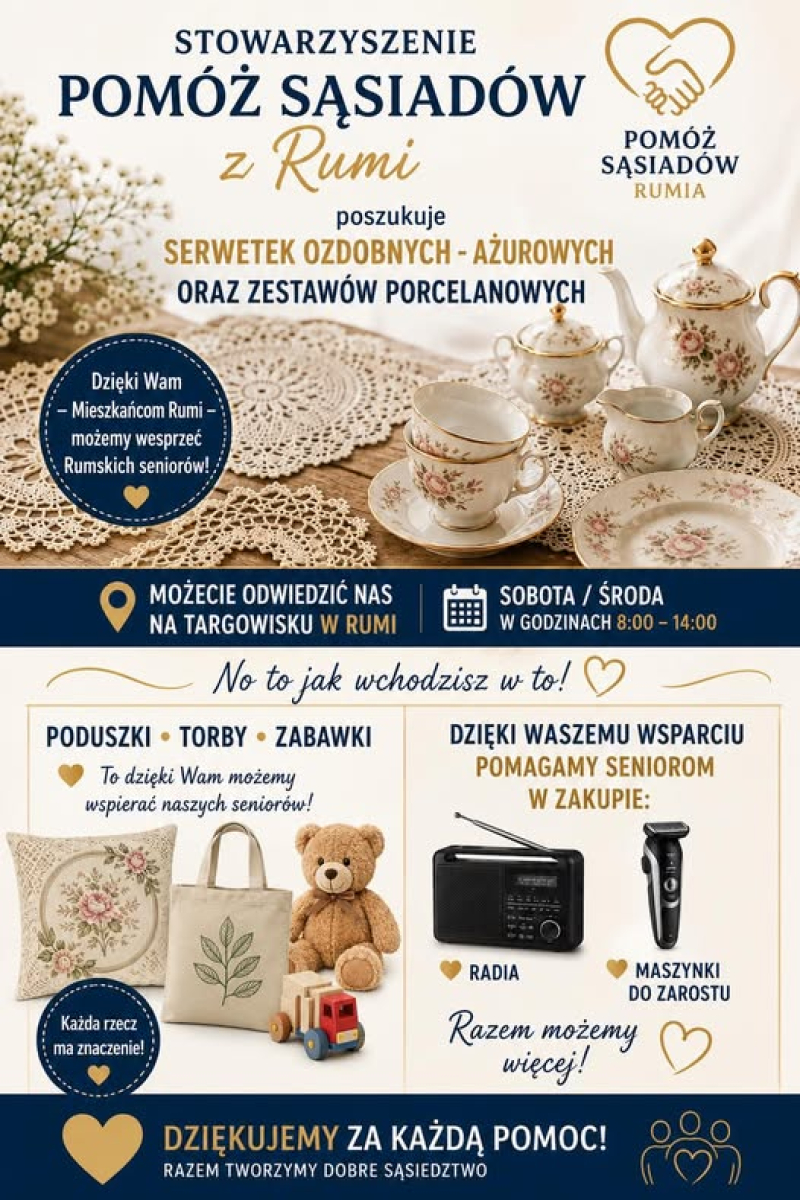 Stowarzyszenie „Pomóż Sąsiadowi" w Rumi zbiera dary. Potrzebne serwetki, porcelana i parasole z ozdobną rączką