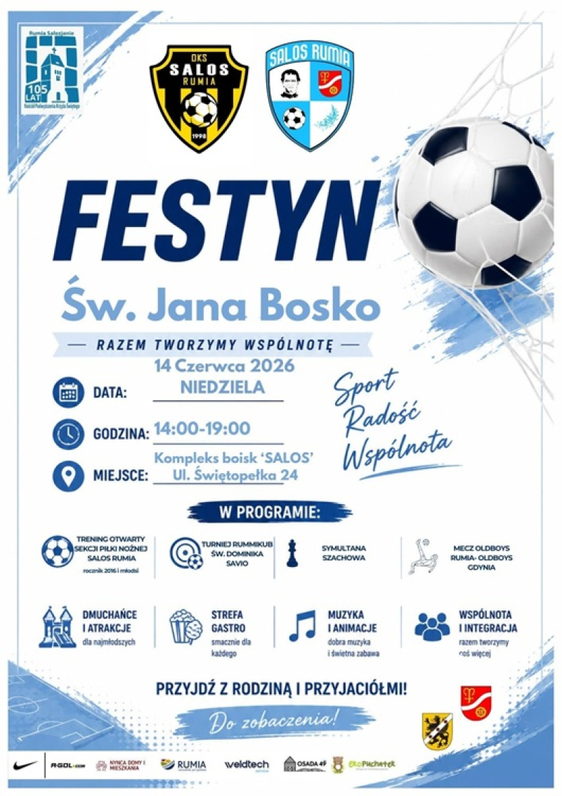 Festyn Św. Jana Bosko w Rumi 14.06.2026. Sport, dmuchańce i mecz oldboyów już w niedzielę na Salosie