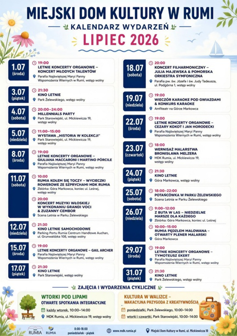 Lipiec 2026 w Rumi - kalendarz wydarzeń MDK. Koncerty, kino letnie, wycieczki i plener malarski. Wszystko bezpłatnie!
