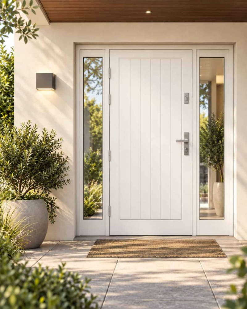 Białe drzwi zewnętrzne, które porządkują fasadę i ułatwiają wybór