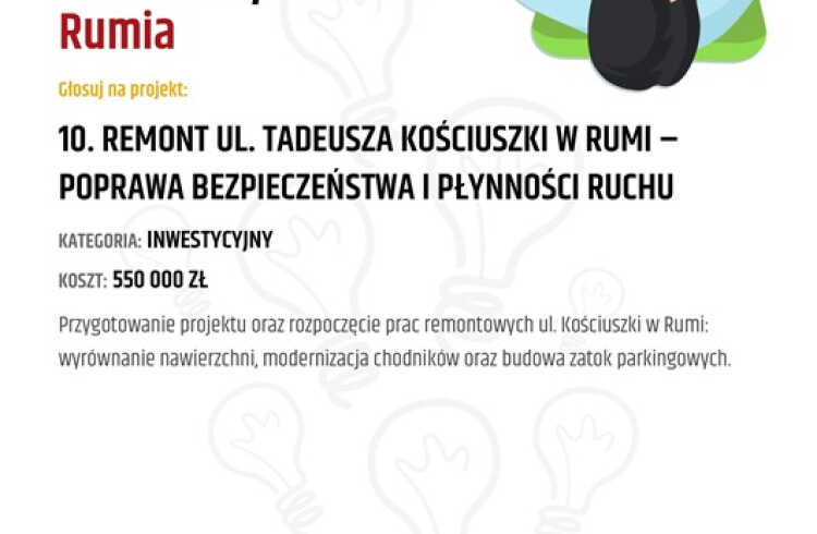 Remont ul. Kościuszki w Rumi – Projekt nr 10 w Budżecie Obywatelskim - Zagłosujesz?