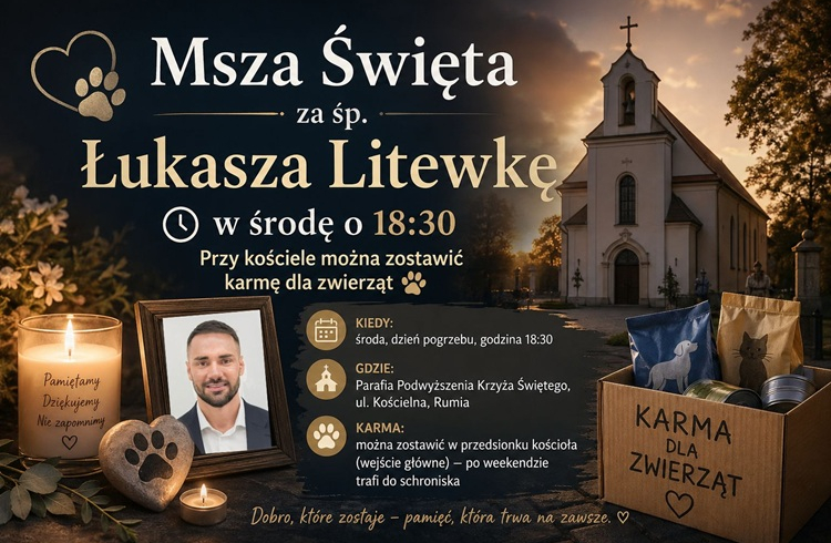 Msza Święta za śp. Łukasza Litewkę w środę o 18:30. Przy kościele można zostawić karmę dla zwierząt